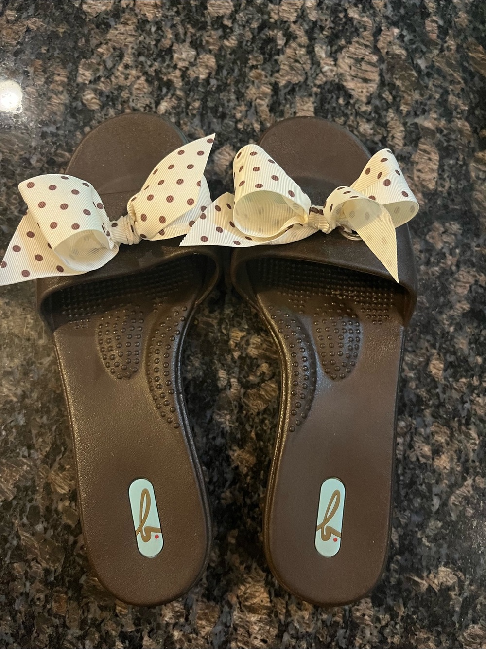 Brown Slide Sandals with Cream Polka Dot Bow - Women